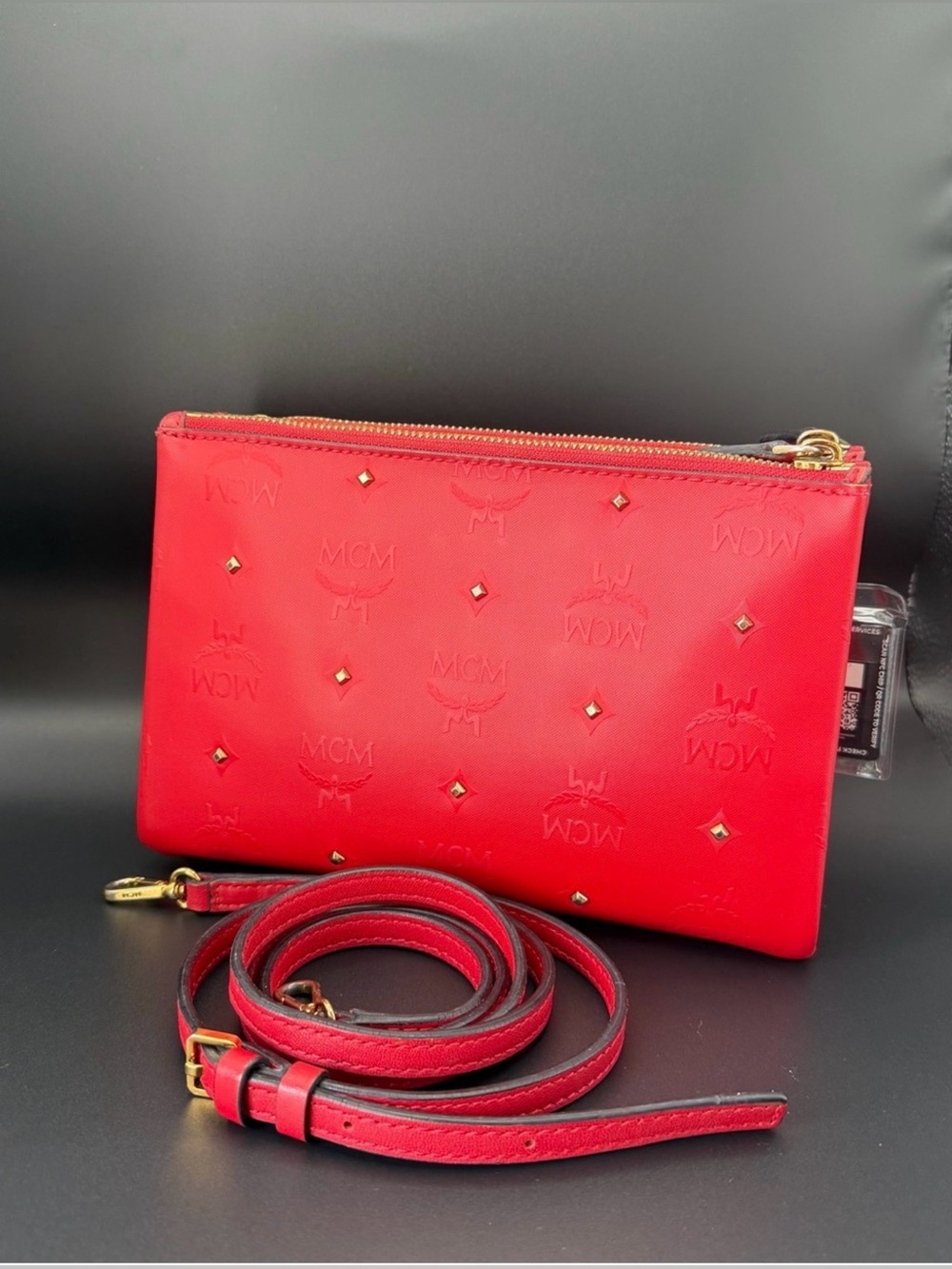MCM Red Logo-Stamp Leather Crossbody Pouch with Gold Studs